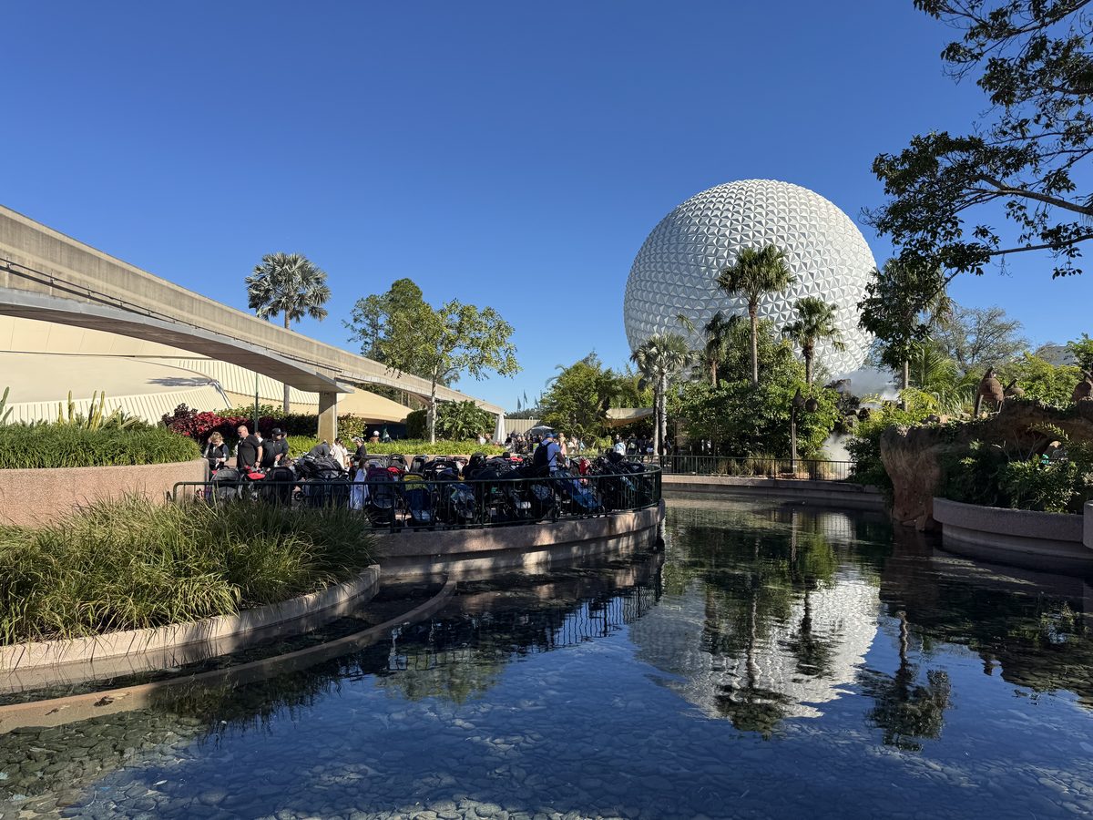 Spaceship Earth reflected over the water at EPCOT