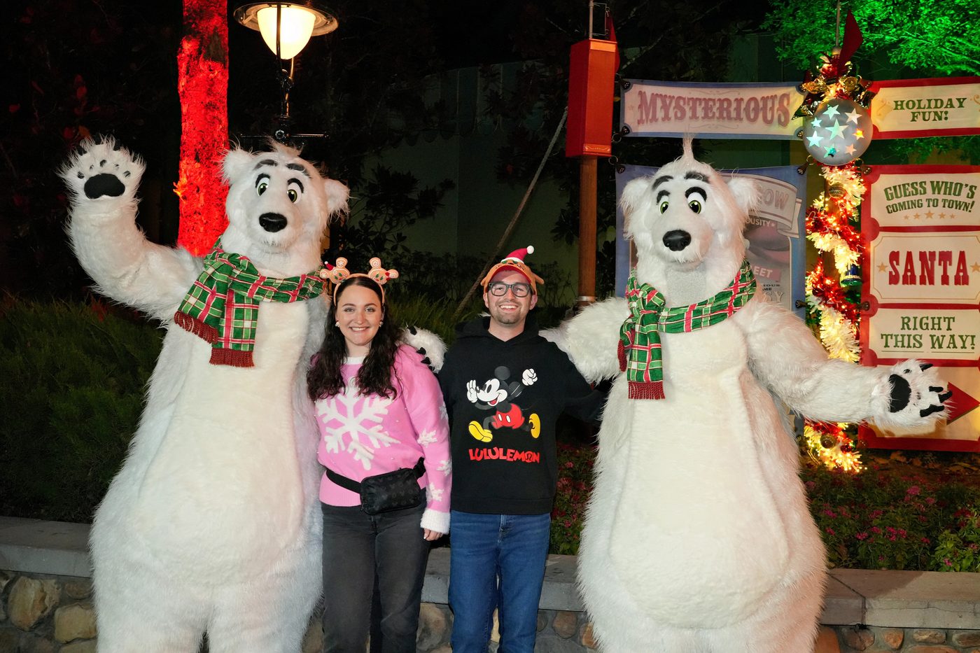 Cam and guest posing with holiday bear characters